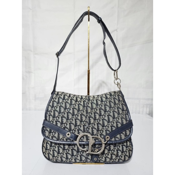 Authentic CHRISTIAN DIOR Monogram Flap Messenger Navy Blue